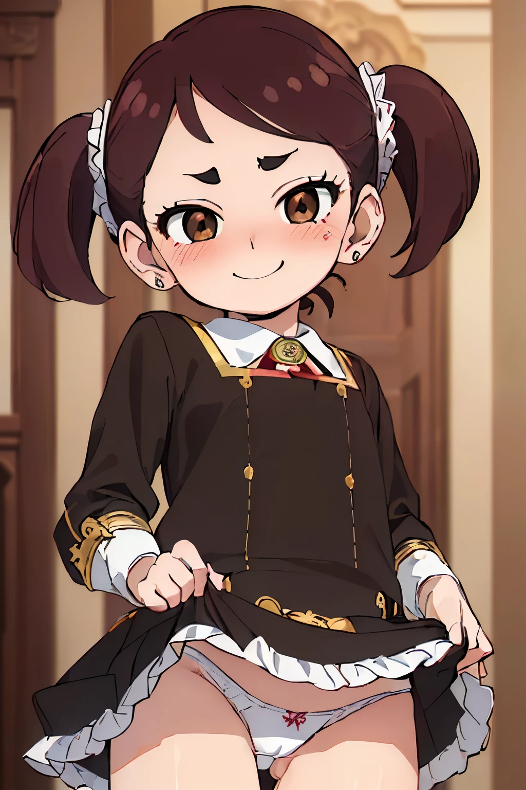 (masterpiece,highest quality,Ultra-high resolution),(((Perfect Face, Perfect body、Perfect hands,Five fingers))),(cowboy shot,solo),(becky_blackbell_spyxfamily,hair_ornament, female_child, brown_eyes,brown_hair),(pull skirt,lift up,Cotton underwear:1.4),(blush、smile、Worried brow:1.4),Hotel、Striptease