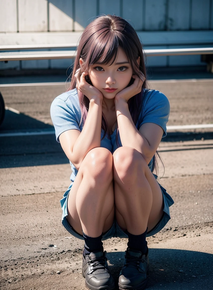 SFW, (Leaning forward with hands on knees and looking forward),One , super high quality，8k，Don&#39;t miss the fingers，1 girl，Sports Girl，Blue pink hair，Sports close-up，，Lawn playground，Dopamine Girls, Wearing a bra,((Narrow waist)), young asian girl, ((Big Breasts)),