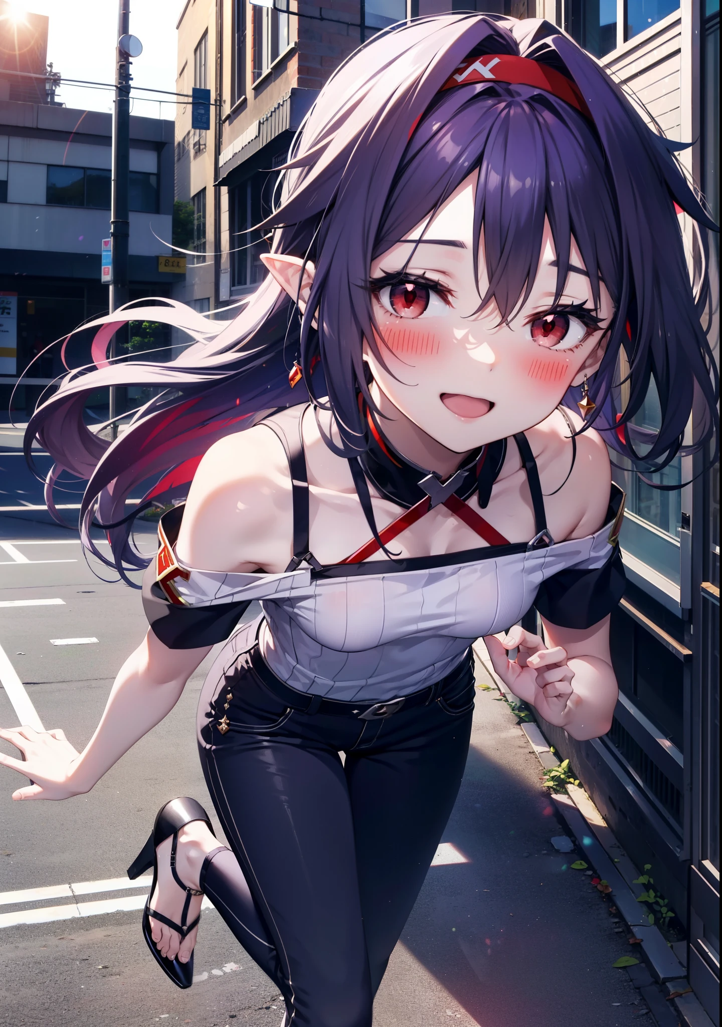 yuukikonno, Konno Yuuki, hair band, Long Hair, Pointed Ears, Purple Hair, (Red eyes:1.5), (Small breasts:1.2), Open your mouth,
blush,happy smile, smile, Open your mouth,Cold shoulder top,Short sleeve,skinny pants,Stiletto heels,morning,morning陽,The sun is rising,whole bodyがイラストに入るように,Walking,
break looking at viewer, whole body,
break outdoors, Building district,
break (masterpiece:1.2), highest quality, High resolution, unity 8k wallpaper, (figure:0.8), (Beautiful fine details:1.6), Highly detailed face, Perfect lighting, Highly detailed CG, (Perfect hands, Perfect Anatomy),