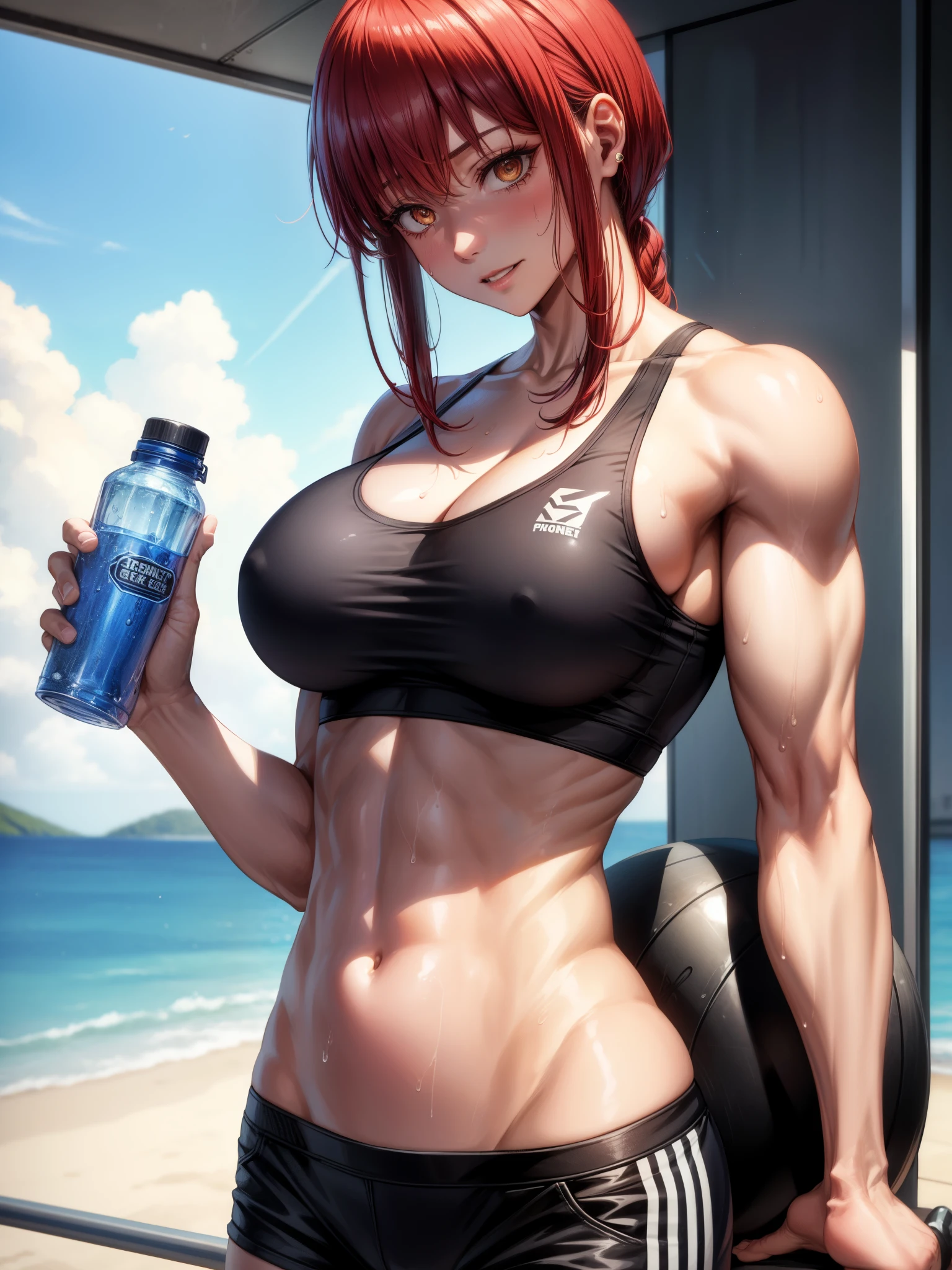 score_9、score_8_up、score_7_up、score_6_up、score_5_up、score_4_up、evaluation_Explicit、 break (1 girl、Huge chest and huge biceps)、Dark-skinned woman、Sports bra and shorts、At the gym、Sweaty、I have a water bottle。 break 18 歳、Skin Dentition、Muscular woman、Punk Rocker