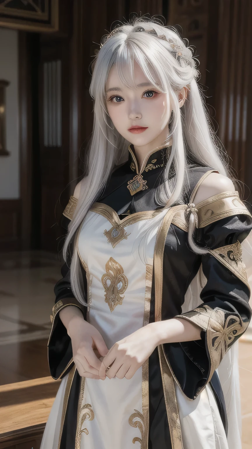 ((best quality)), ((masterpiece)),,((ultra-detailed)), extremely detailed CG, , (an extremely delicate and beautiful), 1girl, solo, ((cute face)),(beautiful detailed eyes), red eyes,white hair, shiny hair, colored inner hair,Ice rose,Ice hair ornaments,adorns,, [ice crystal],, crystal,((floating hair)), ((caustic)),((disheveled hair))"((best quality)), ((masterpiece)), ((ultra-detailed)), extremely detailed CG, (a serene and elegant), 1girl, solo, full body view, ((cute face)), (beautiful detailed eyes)((best quality))((best quality)), ((masterpiece)), ((ultra-detailed)), extremely detailed CG, (a powerful and regal), 1girl, solo, full body view, ((cute face)), (beautiful detailed eyes), golden eyes, white hair, shiny hair, regal braids, royal armor, standing in a grand castle, banners and flags, medieval setting, commanding presence, strong pose