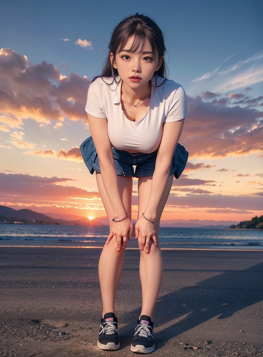 SFW, (Leaning forward with hands on knees and looking forward),One , super high quality,8k,Don't miss the fingers,1 girl,Sports Girl,Blue pink hair,Sports close-up,,Lawn playground,Dopamine Girls, Wearing a bra,((Narrow waist)), young asian girl, ((Big Breasts)),