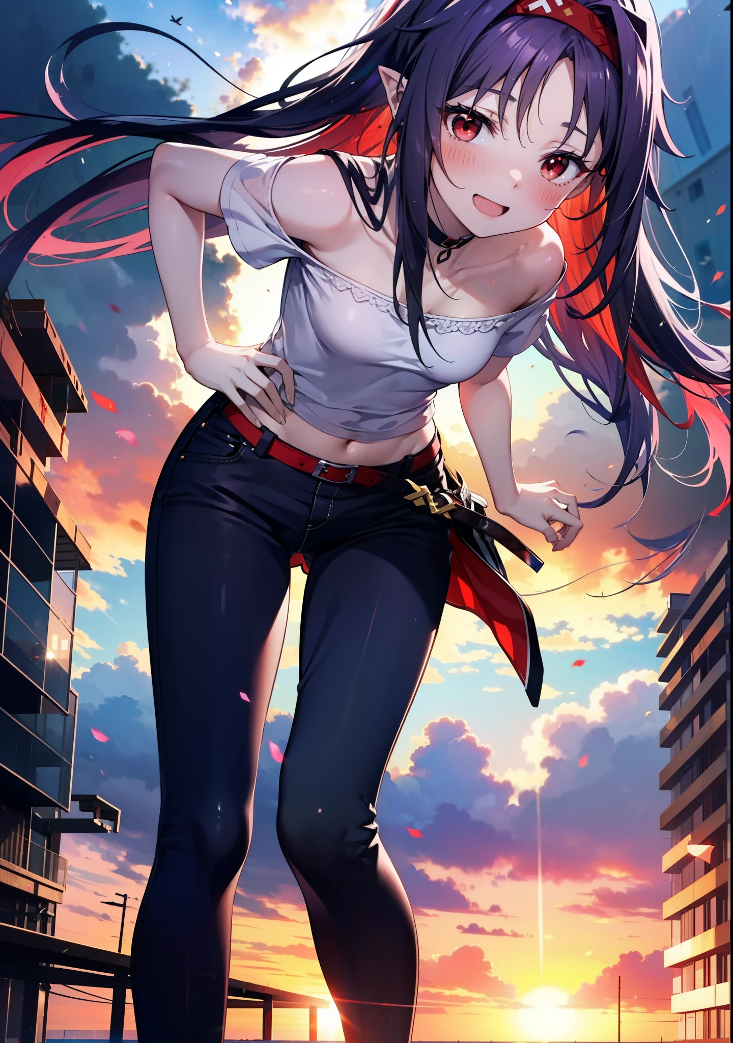 yuukikonno, Konno Yuuki, hair band, Long Hair, Pointed Ears, Purple Hair, (Red eyes:1.5), (Small breasts:1.2), Open your mouth,
blush,happy smile, smile, Open your mouth,Cold shoulder top,Short sleeve,skinny pants,Stiletto heels,morning,morning陽,The sun is rising,whole bodyがイラストに入るように,Walking,
break looking at viewer, whole body,
break outdoors, Building district,
break (masterpiece:1.2), highest quality, High resolution, unity 8k wallpaper, (figure:0.8), (Beautiful fine details:1.6), Highly detailed face, Perfect lighting, Highly detailed CG, (Perfect hands, Perfect Anatomy),