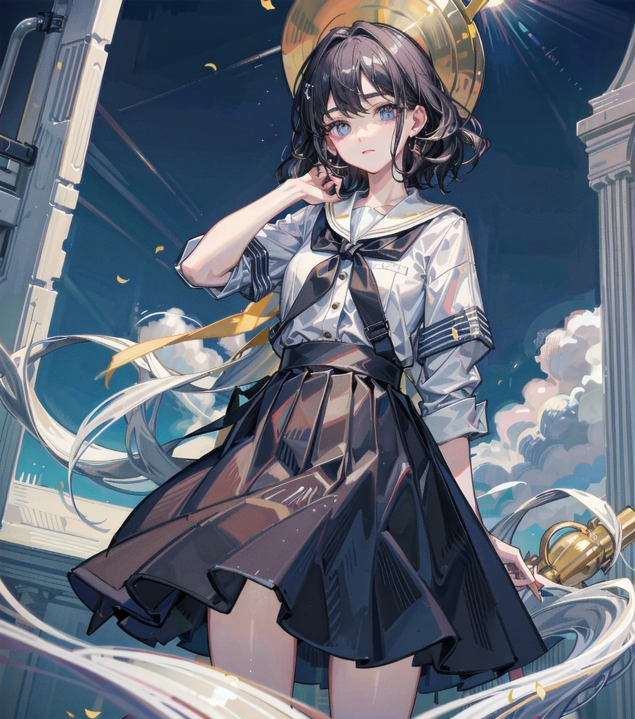 absurdres, RAW photo, extremely delicate, extremely beautiful, masterpiece, Best Quality, ultra high resolution, 32k, hyperrealistic, ultra-detailed description, perfect anatomy, pale skin, 20 years old, detailed beautiful face, detailed beautiful face eyes, tearful mole, earring, short medium hair, wavy hair, whole body, Korean school_uniform, shirt, skirt, school poolside,
