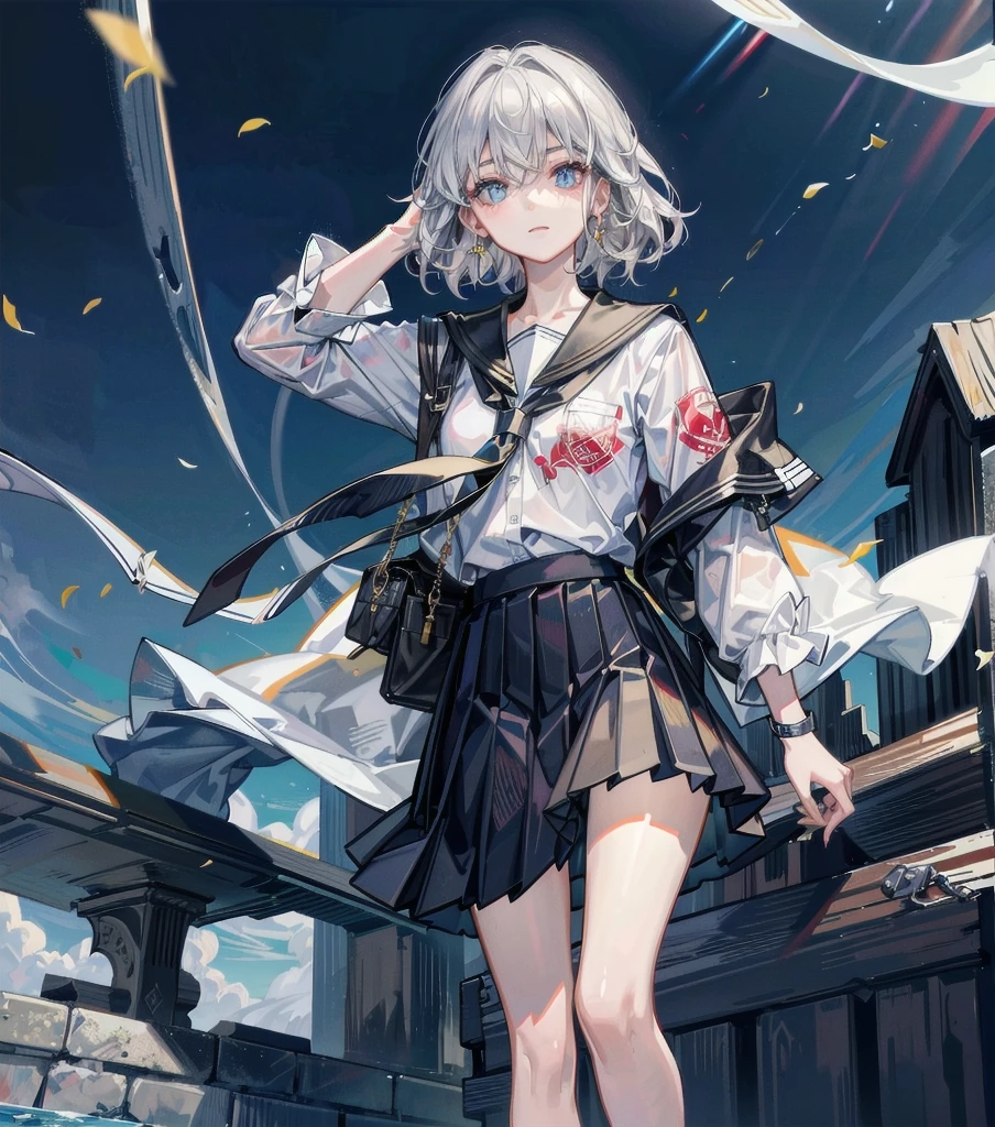 absurdres, RAW photo, extremely delicate, extremely beautiful, masterpiece, Best Quality, ultra high resolution, 32k, hyperrealistic, ultra-detailed description, perfect anatomy, pale skin, 20 years old, detailed beautiful face, detailed beautiful face eyes, tearful mole, earring, short medium hair, wavy hair, whole body, Korean school_uniform,  shirt, skirt, school poolside,