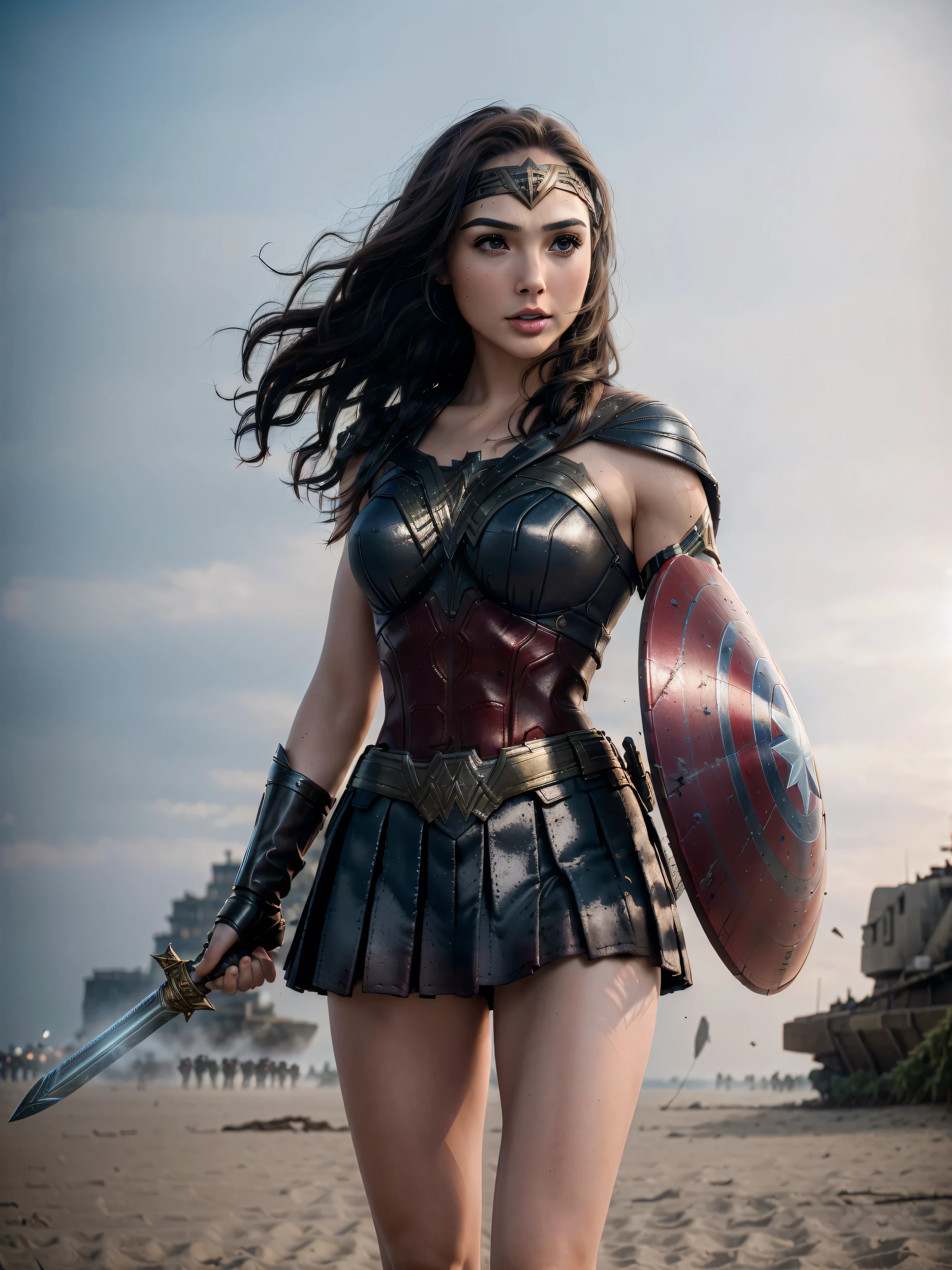 photorealistic Realism 8K, 16K, Quality: (Hyper absurd quality, extremely detailed detail, hyper resolution, clear sharp focus, not blurry, Realistic brown_eyes), ((perfect dark_eyeshadows:1.45)), (super Detailed, beautiful little nose:1.2), (perfect composition), Gal Gadot as (Wonder Woman cosplay), incredibly similar to the original outfit from the WW movie, dynamic stance, face focused on the target in the distance, ready to fight, beautiful cheekbones, double eyelids, dslr, best high quality soft lighting, sharp focus captured by Fujifilm XT3, f 5.6, in a dramatic lighting, ((perfect composition)), ((pale skin)), ((dry skin)), ((clear and detailed scene from the open battlefield of World War II fighting on the beach in NORMANDY, ((scene of death, many killed in battle, explosion, big explosion in the background, darkness, flashes in the sky))), ultra absurd details quality:1.3), (((With the heavenly power of the ancient Thunder God, holds a long one-handed sword and a large round shield with a star (Captain America):1.4))), (((luxury leather Wonder Woman Cosplay:1.4), ultra absurd details quality), (with Red pleated mini skirt:1.25))