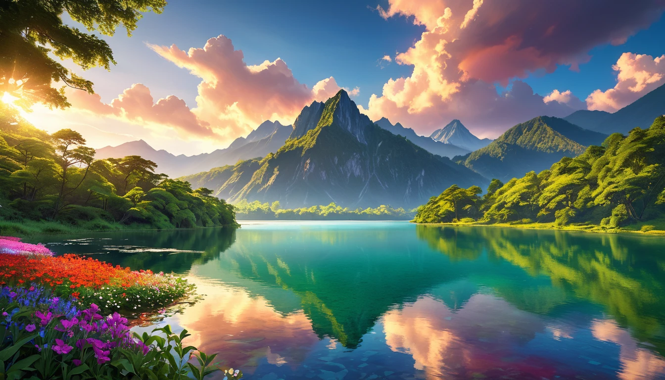 "A stunning landscape unfolds before your eyes, in cinematic style. Towering mountains rise in the background, silhouetted against a dramatic sky. A crystal-clear lake reflects the sunlight, creating a perfect mirror of the landscape. The shores of the lake They are covered in lush vegetation, with leafy trees and colorful flowers. Sunlight filters through the clouds, creating plays of shadow and light that enhance the natural beauty of the location. the serenity of the landscape. The color palette is vibrant and saturated, conveying the vitality and beauty of nature."