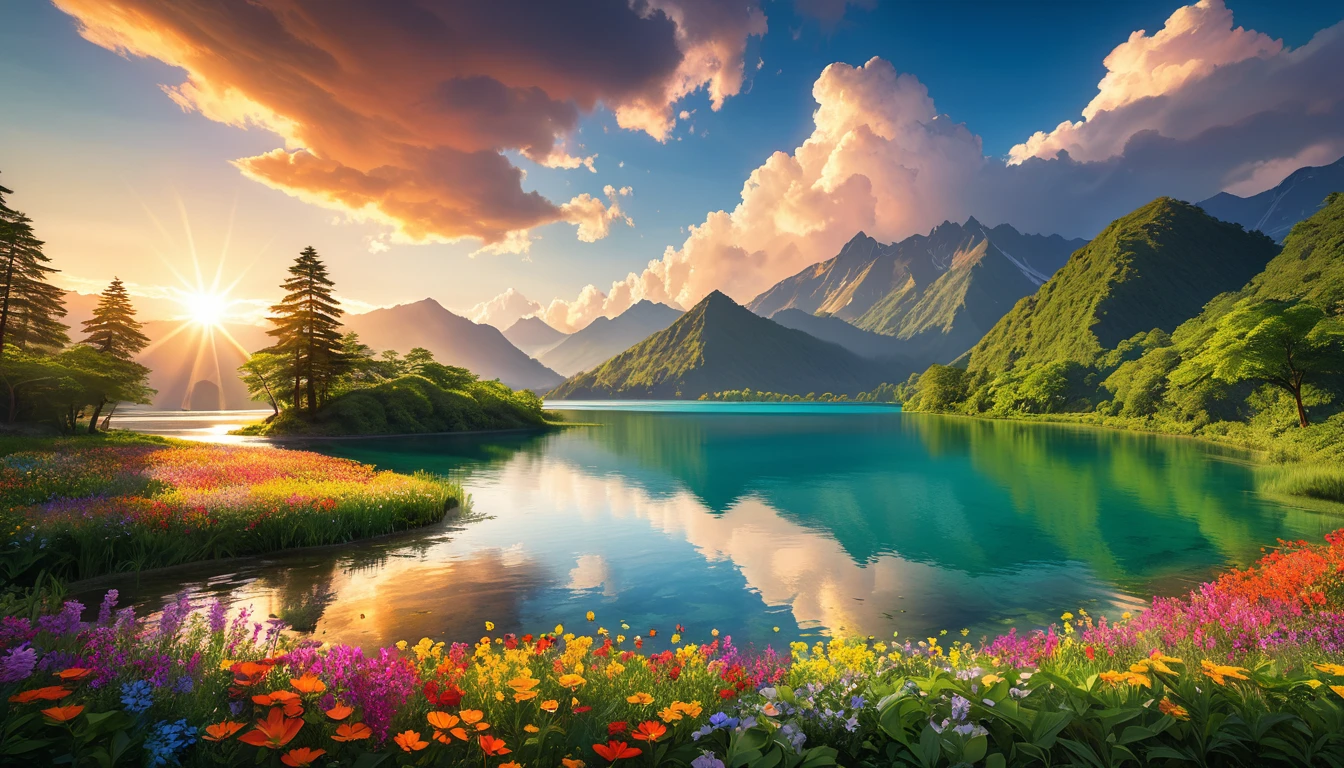 "A stunning landscape unfolds before your eyes, in cinematic style. Towering mountains rise in the background, silhouetted against a dramatic sky. A crystal-clear lake reflects the sunlight, creating a perfect mirror of the landscape. The shores of the lake They are covered in lush vegetation, with leafy trees and colorful flowers. Sunlight filters through the clouds, creating plays of shadow and light that enhance the natural beauty of the location. the serenity of the landscape. The color palette is vibrant and saturated, conveying the vitality and beauty of nature."