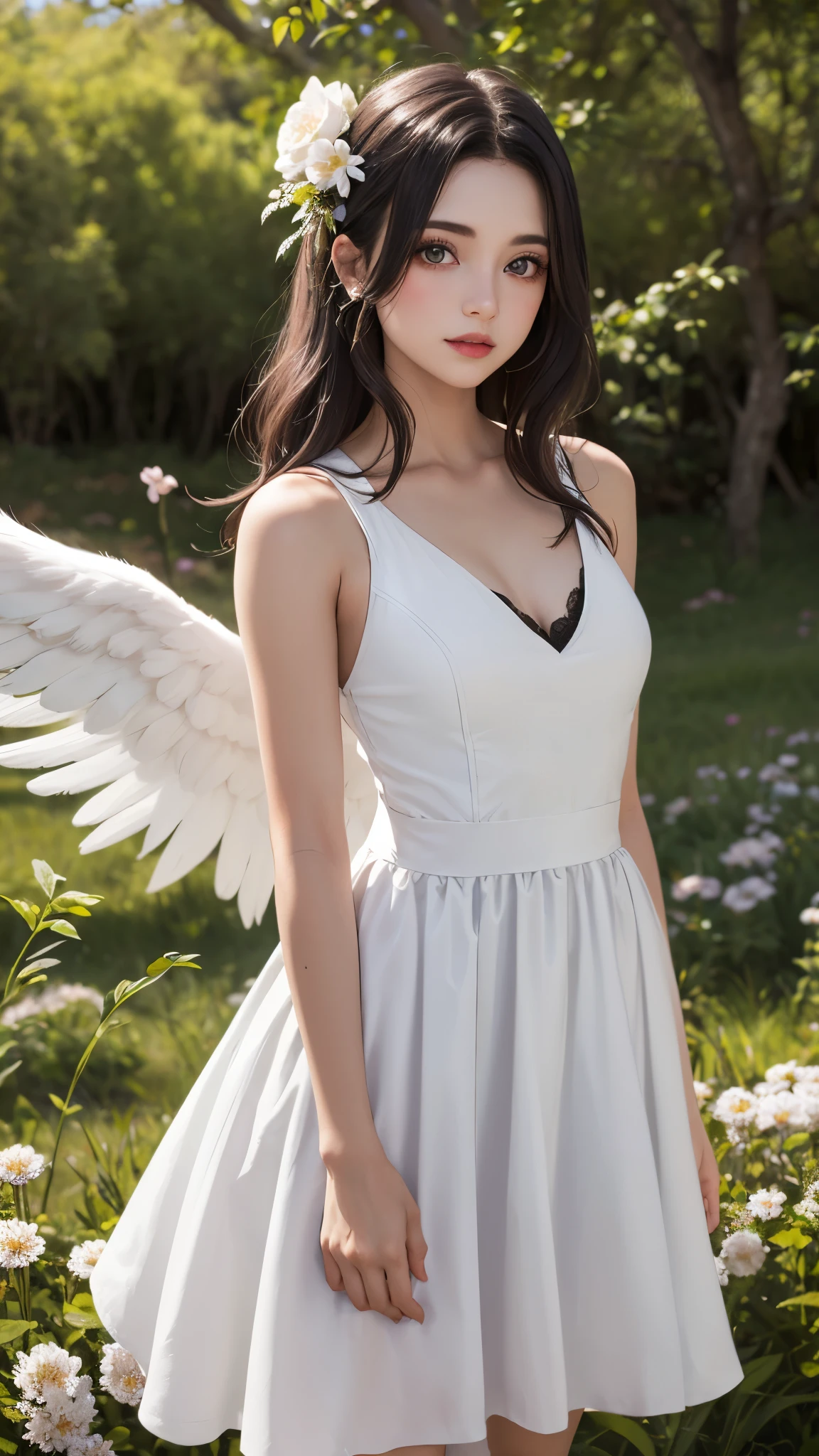 Angel femenino tipo chica latina con ojos verdes y cabello largo con vestido blanco elegante en un hermoso bosque lleno de flores. Photoshoot.