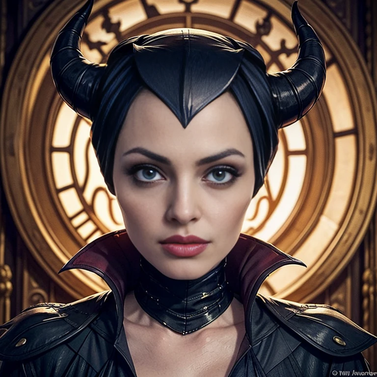 Masterpiece, best quality, detailed face, perfect eyes, Maleficent, black cowl, demon horns, throne behind her, looking at viewer, Sitting on a dark Throne chair. Behind her. In a dark throne room