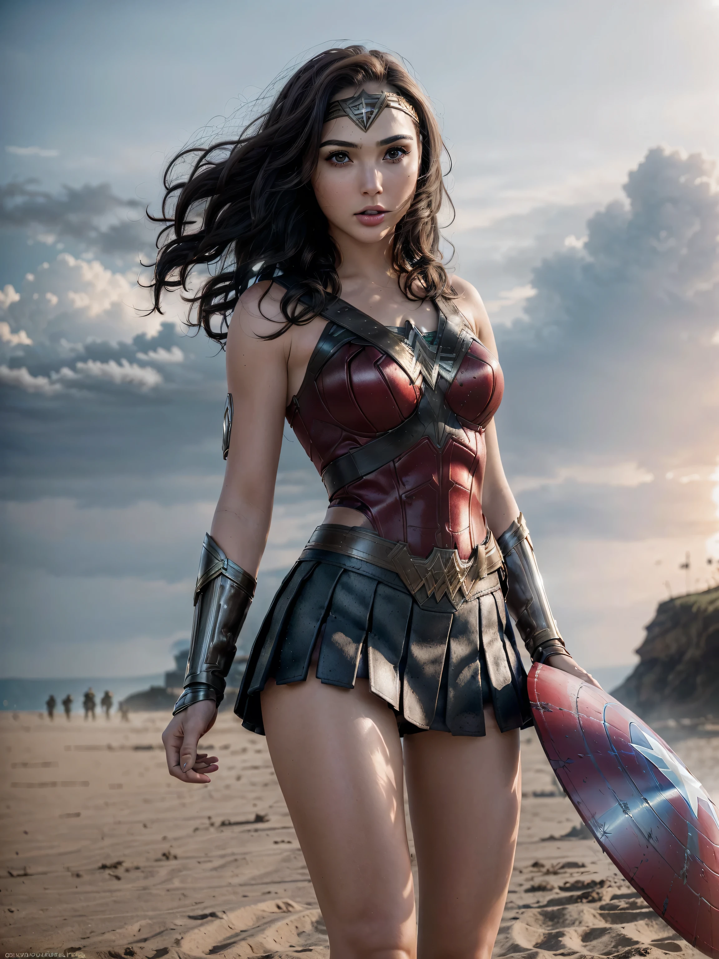 photorealistic Realism 8K, 16K, Quality: (Hyper absurd quality, extremely detailed detail, hyper resolution, clear sharp focus, not blurry, Realistic brown_eyes), ((perfect dark_eyeshadows:1.45)), (super Detailed, beautiful little nose:1.2), (perfect composition), Gal Gadot as (Wonder Woman cosplay), incredibly similar to the original outfit from the WW movie, dynamic stance, face focused on the target in the distance, ready to fight, beautiful cheekbones, double eyelids, dslr, best high quality soft lighting, sharp focus captured by Fujifilm XT3, f 5.6, in a dramatic lighting, ((perfect composition)), ((pale skin)), ((dry skin)), ((clear and detailed scene from the open battlefield of World War II fighting on the beach in NORMANDY, ((scene of death, many killed in battle, explosion, big explosion in the background, darkness, flashes in the sky))), ultra absurd details quality:1.3), (((With the heavenly power of the ancient Thunder God, holds a long one-handed sword and a large round shield with a star (Captain America):1.4))), (((luxury leather Wonder Woman Cosplay:1.4), ultra absurd details quality), (with Red pleated mini skirt:1.25))