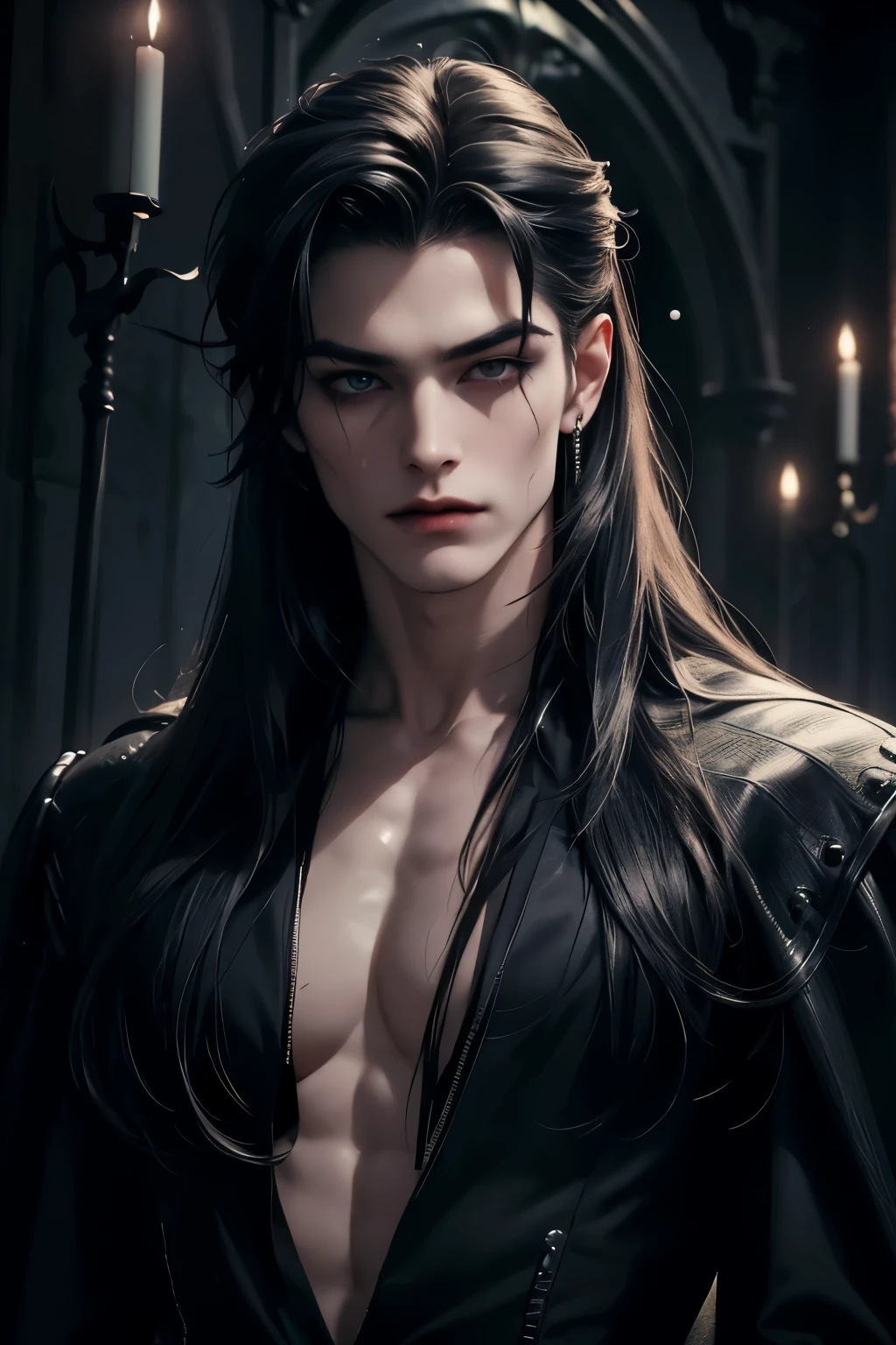 ((Best quality)), ((masterpiece)), 8k (detailed), ((perfect face)), perfect proporcions, ((halfbody)) he is a sexy vampire, he is 18 years old, he has long white hair , he is naked, he has scars, he is muscular, he dresses in black with his chest exposed, gothic make up ((perfect face)) ((vampire ambience)) perfect face