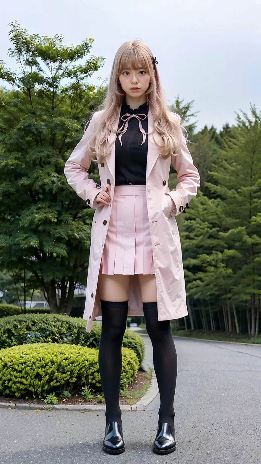 (8k、RAW Photos、highest quality、masterpiece:1.2)、(Realistic、Realistic)、1 girl、((Pink Coat、Blonde、Angry face、Black Mini Skirt、Ribbon on chest、Knee socks、、Big Breasts、boots、whole body、garden、View from the front、Looking into the camera、Standing with one hand on one hip))、