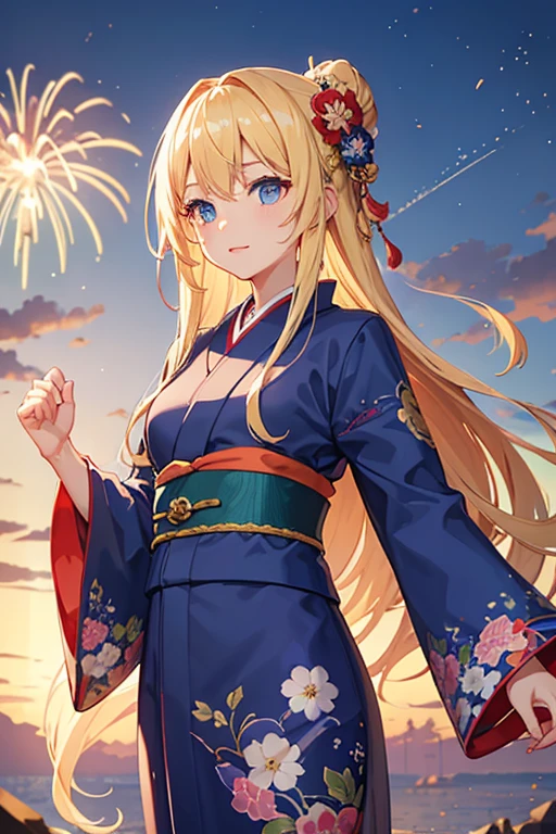 masterpiece, highest quality, High resolution,Follow the prompts、Anime Style、Blonde、Long Hair、blue eyes、Summer festival、firework、kimono