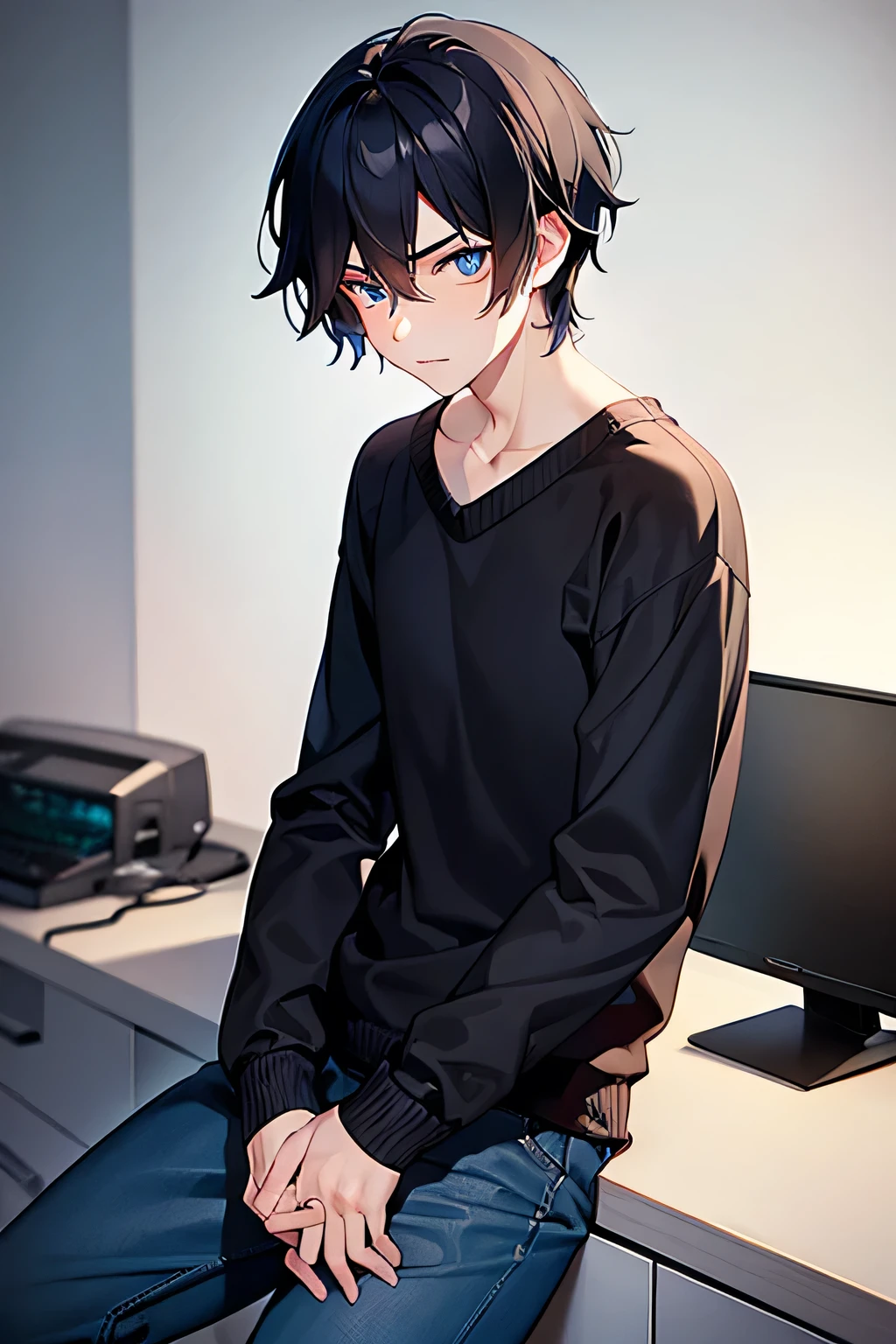 1boy, angry, very blushing, messy black hair, black beanie, black baggy pants, dark red T-shirt, blue eyes, sitting on chair, arms crossed