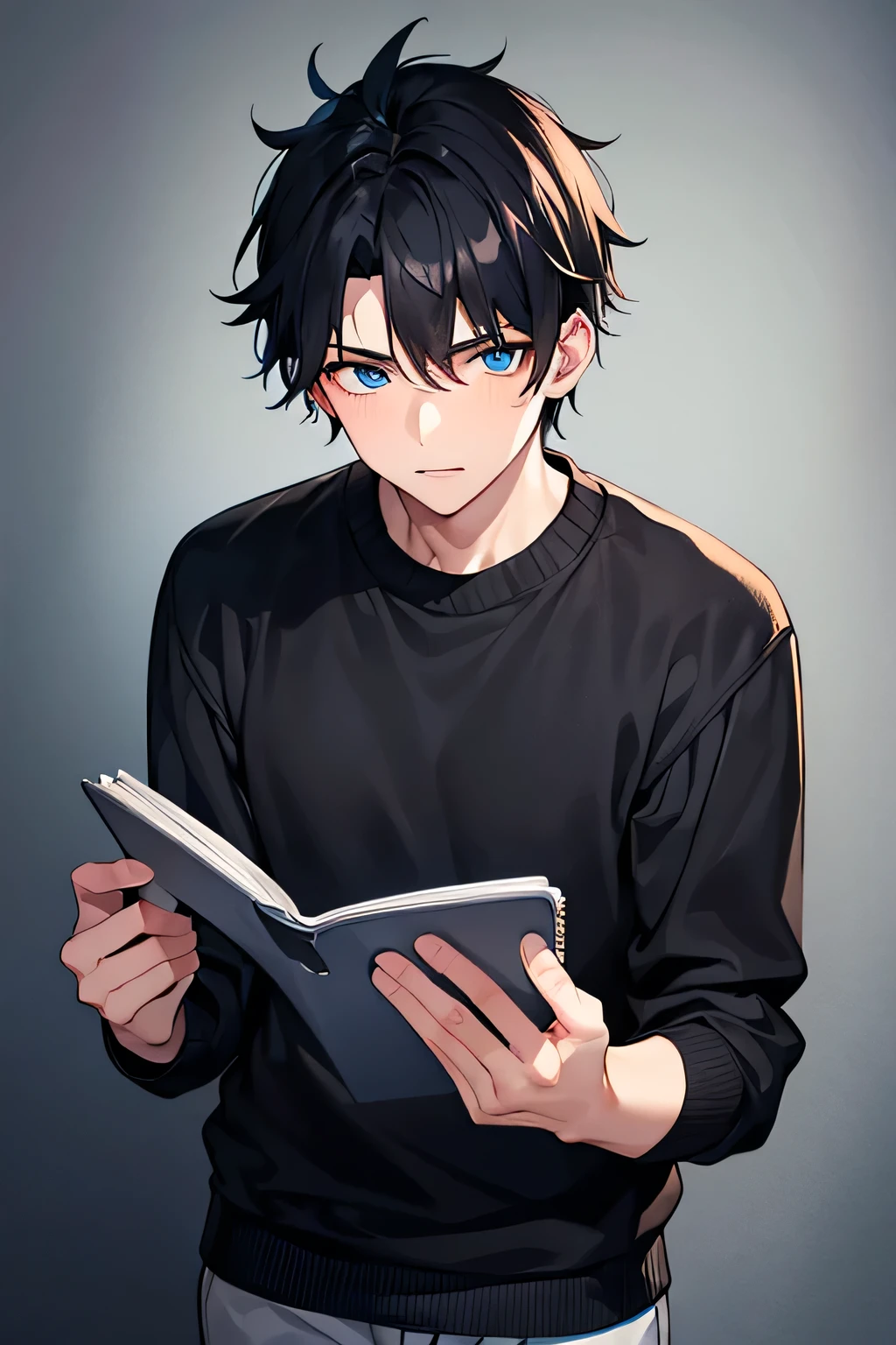 18 year old young man , black hair and blue eyes . Gamer. gloomy and neglected. covered by a sweater 