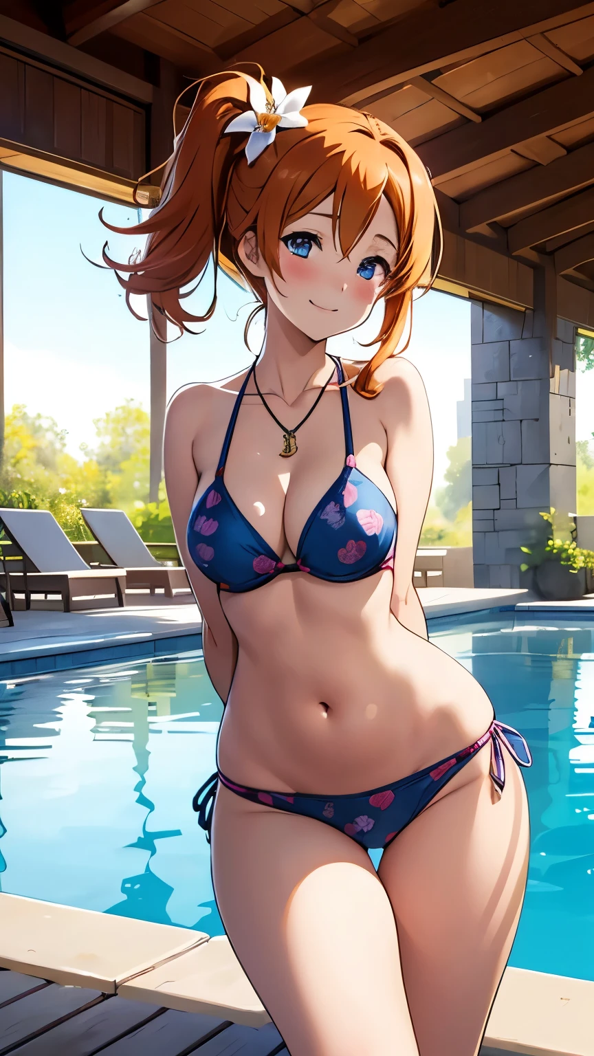 (Masterpiece, Best Quality, High Quality), kousaka honoka, orange hair, side ponytail, blue eyes, volumetric lighting, illustration, beautiful, Blushing, , looking at viewer, flower print bikini, solo, curvy body, looking to the side, confident, seductive smile, (arms behind back, head tilt), heart pendant, perfect lighting, perfect shadows, pool edge, blushing