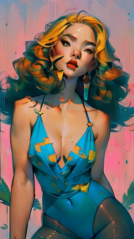 portrait of a girl, near, up close,Background, in a chic expensive interior, multicolored pink hair, mixed-language_SMS, graffiti, (beautiful and clear background:1.2),, fantastic paintings ,graffit style, highly detail eyes , blond girl, cannabis print, marijuana tattoo, Loving, Love, ultra detail hair, Masterpiece, Best Quality, highly quality, A high resolution, detail enhancement, ((most beautiful image in the world)), Masterpiece, Best Quality, highly quality, A high resolution, detail enhancement, ((most beautiful image ), Shiny red wavy hair, Ultra Chic Transparent Clothing, Erotica, highheels, tights in a mesh Artist Stepan Seich, art by j scott campbell, Artist Guillem March, art by citemer liu, 4k, High Resolution, comic book character, comic, high quality detailed, style of ::2.0 comix illustration style,tatoon style, highly quality, A high resolution, detail enhancement, 8K, HD, Best Quality, highly quality, A high resolution, detail enhancement, 8K, HDR, sharp-focus, Ultra Detailed, perfect lighting, Curvy Body, Lush breasts, hurge and Curvy hips, cameltoe