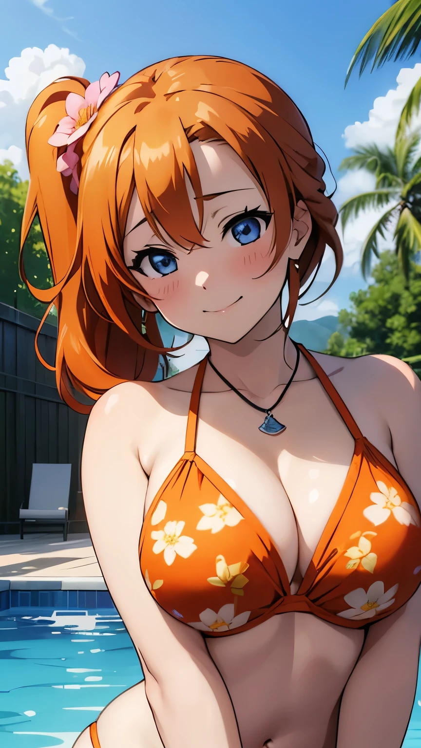 (Masterpiece, Best Quality, High Quality), kousaka honoka, orange hair, side ponytail, blue eyes, volumetric lighting, illustration, beautiful, Blushing, breasts, looking at viewer, flower print bikini, solo, curvy body, looking to the side, confident, seductive smile, (arms behind back, head tilt), heart pendant, perfect lighting, perfect shadows, pool edge, blushing