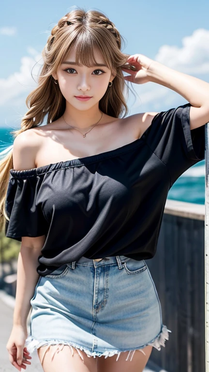 y cute looks and cute 15 autiful girl, Beautiful and sexy face、A stg wind blows my hair in front of my face、Blonde French braids with cute and sexy eyes hidden long bangs、Off-the-shoulder T-shirt、Tulle miniskirt