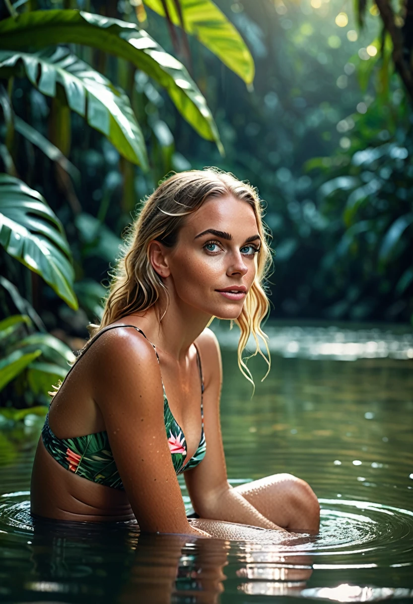 gorgeous female, sitting in the lake, paradise, jungle in background, tropical, attractive, flirting, looking at viewer, portrait, photography, detailed skin, realistic, photo-realistic, 8k, highly detailed, full length frame, high detail raw color art, diffused soft lighting, sharp focus, hyperrealism, cinematic lighting