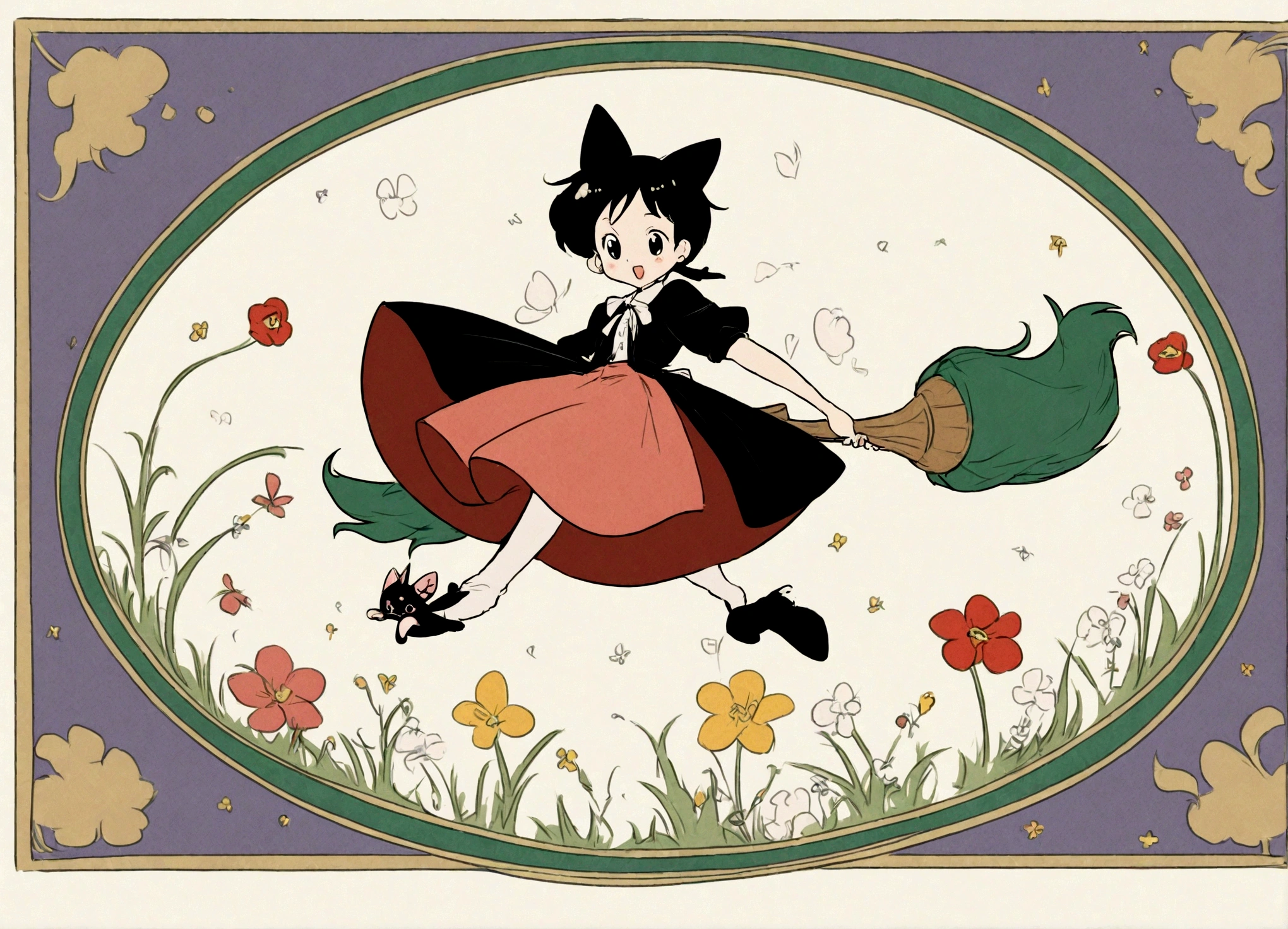 Kiki the Witch's Delivery Service、flying on a broom。With cat Jiji、hayao miyazaki style