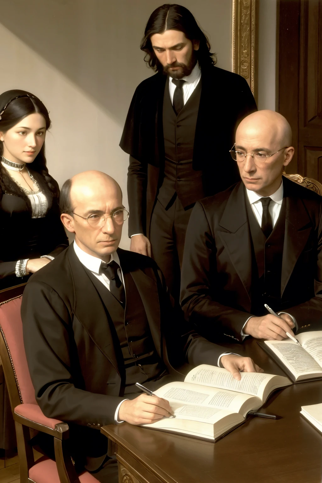Philosopher Niccolo Machiavelli sitting next to sociologists Max Weber and Michel Foucault