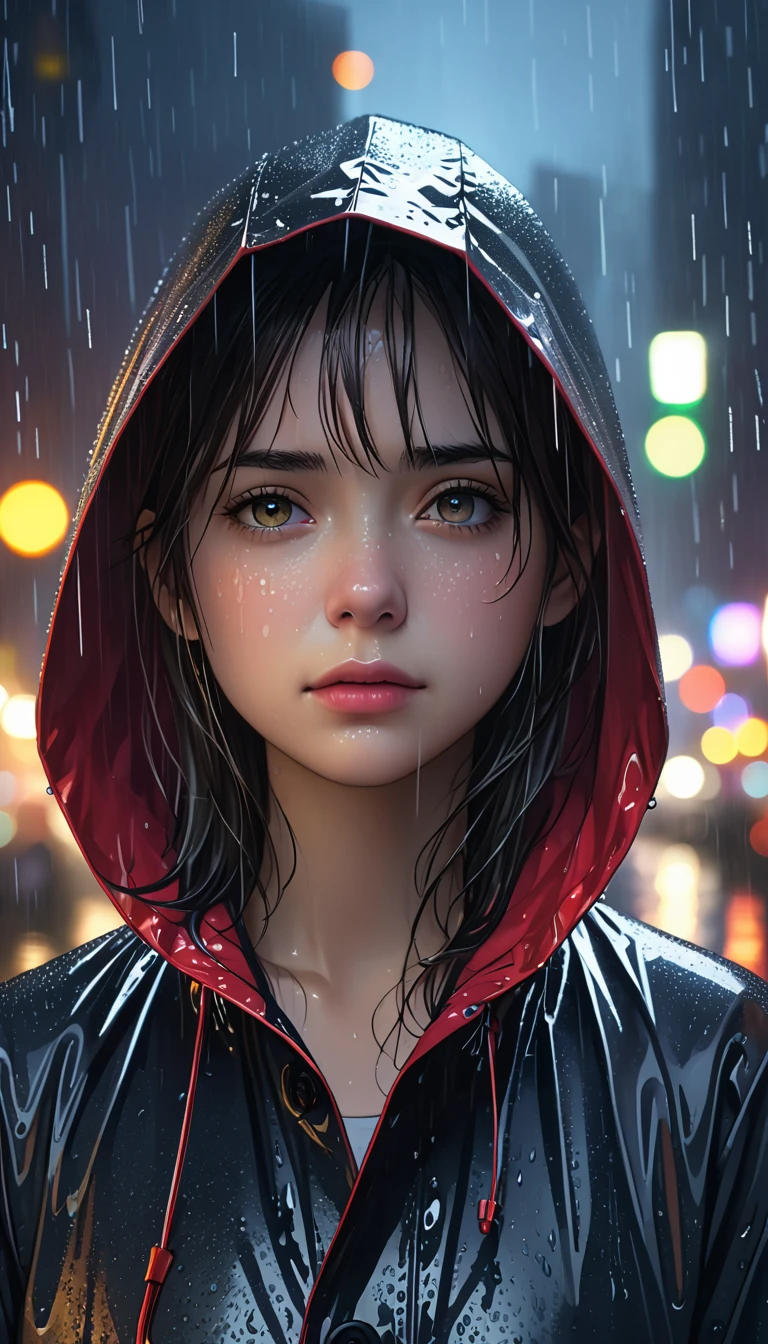 A girl with a hood alone in the rain,illustration,pouring rain,loneliness,best quality,ultra-detailed,realistic,portrait,dark tone,misty atmosphere,wet streets,hooded raincoat,melancholy expression,invisible umbrella,lights sparkling,Urban environment,high resolution,vivid colors,Bokeh,night scene,NYC cityscape.