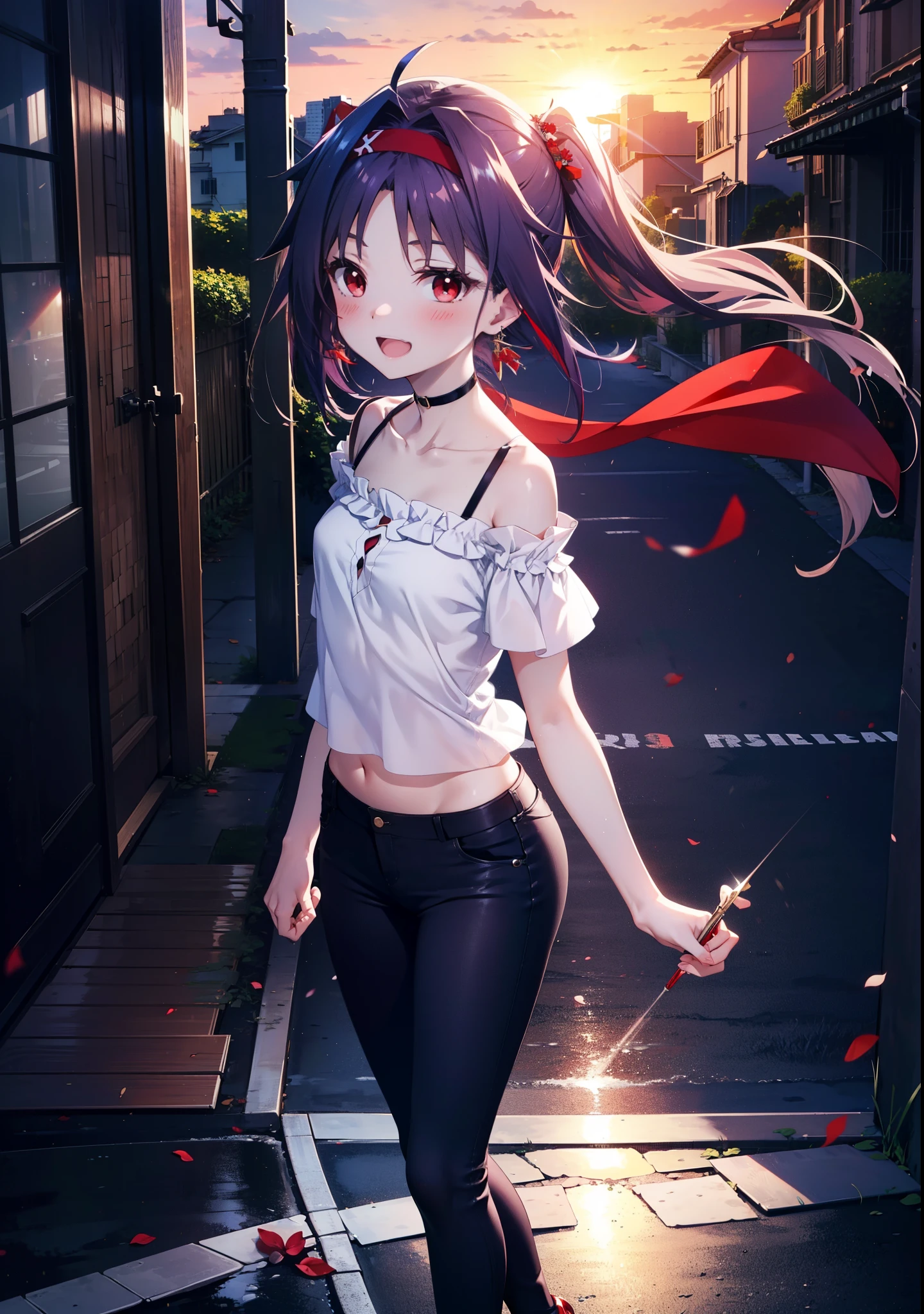 yuukikonno, Konno Yuuki, hair band, Long Hair, Pointed Ears, Purple Hair, (Red eyes:1.5), (Small breasts:1.2), Open your mouth,
blush,happy smile, smile, Open your mouth,Cold shoulder top,Short sleeve,skinny pants,Stiletto heels,morning,morning陽,The sun is rising,whole bodyがイラストに入るように,Walking,
break looking at viewer, whole body,
break outdoors, Building district,
break (masterpiece:1.2), highest quality, High resolution, unity 8k wallpaper, (figure:0.8), (Beautiful fine details:1.6), Highly detailed face, Perfect lighting, Highly detailed CG, (Perfect hands, Perfect Anatomy),