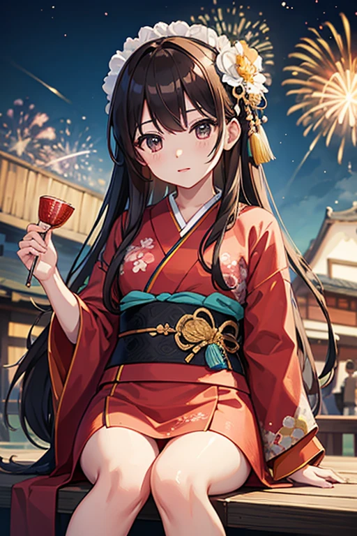 masterpiece, highest quality, High resolution,Follow the prompts、Anime Style、Brown Hair、Long Hair、black eye、Summer festival、firework、kimono