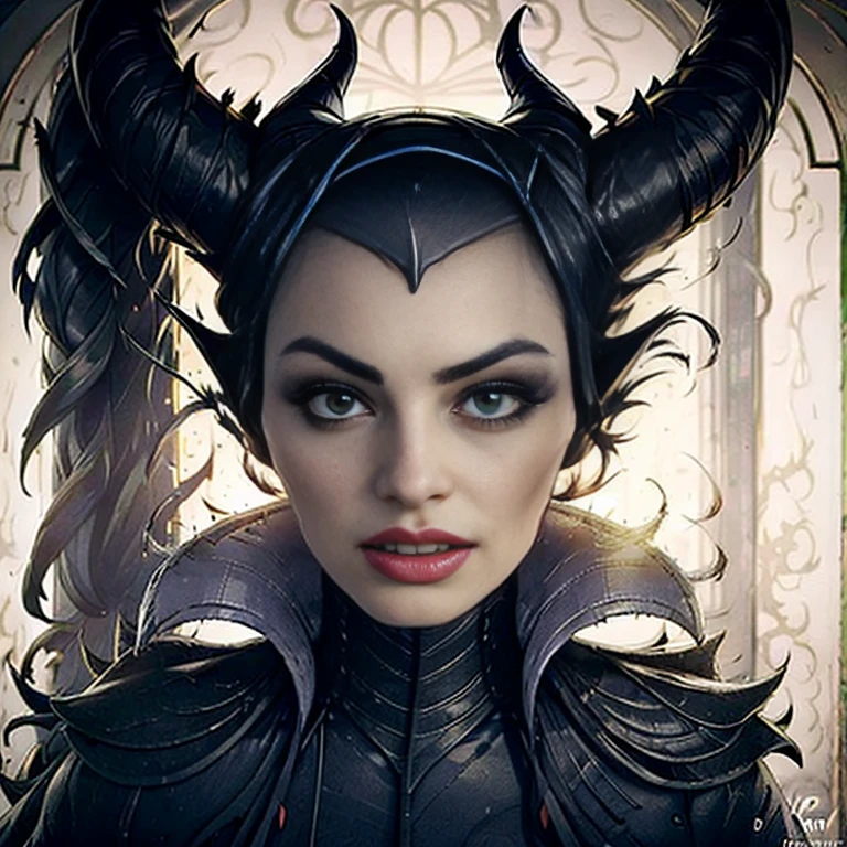 Masterpiece, best quality, detailed face, perfect eyes, Maleficent, black cowl, demon horns, throne behind her, looking at viewer, Sitting on a dark Throne chair. Behind her. In a dark throne room