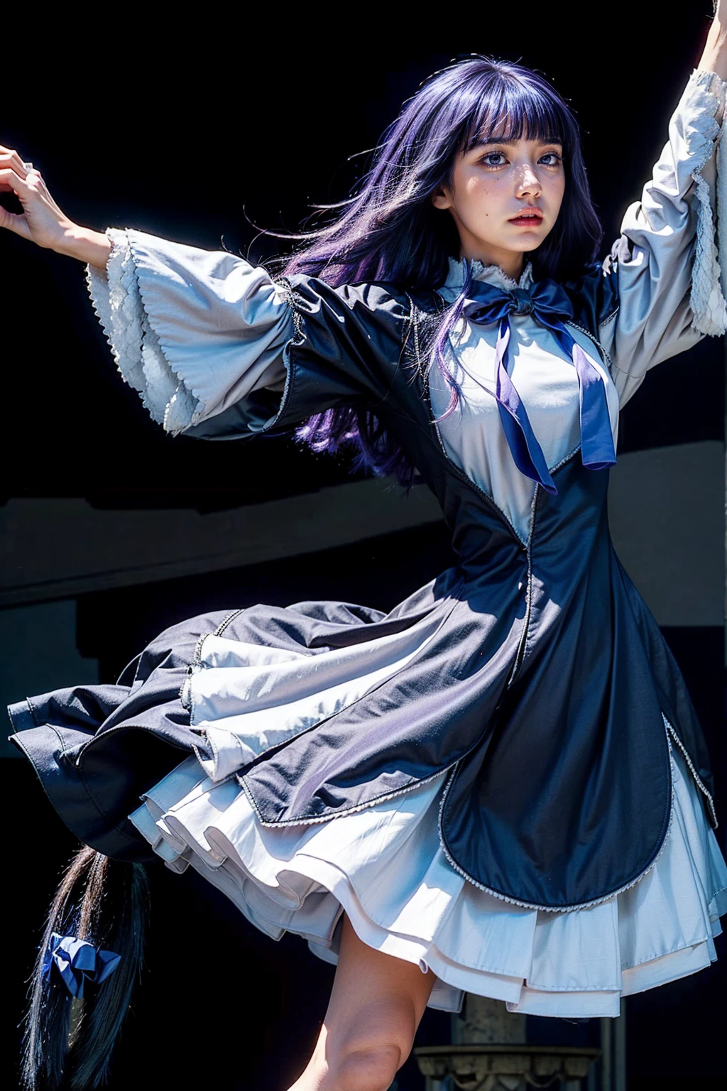 masterpiece,best quality,1girl,frederica bernkastel,purple hair,cat tail,tail bow,purple eyes,tail ornament,dress,bowtie,socks,expressionless,outstretched arms,outer space,surrounded by floating crystal,cowboy shot,