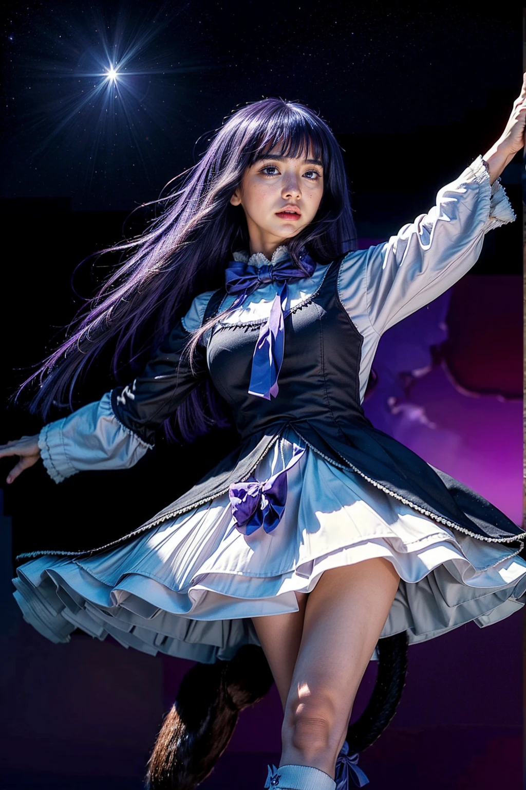 masterpiece,best quality,1girl,frederica bernkastel,purple hair,cat tail,tail bow,purple eyes,tail ornament,dress,bowtie,socks,expressionless,outstretched arms,outer space,surrounded by floating crystal,cowboy shot,