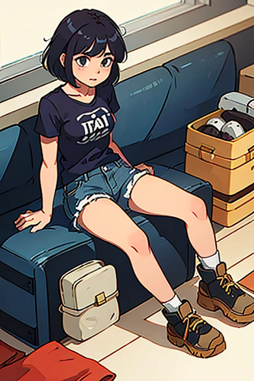 Chica gato,pelo corto, camiseta ajustada, shorts jeans, fondo de bosque