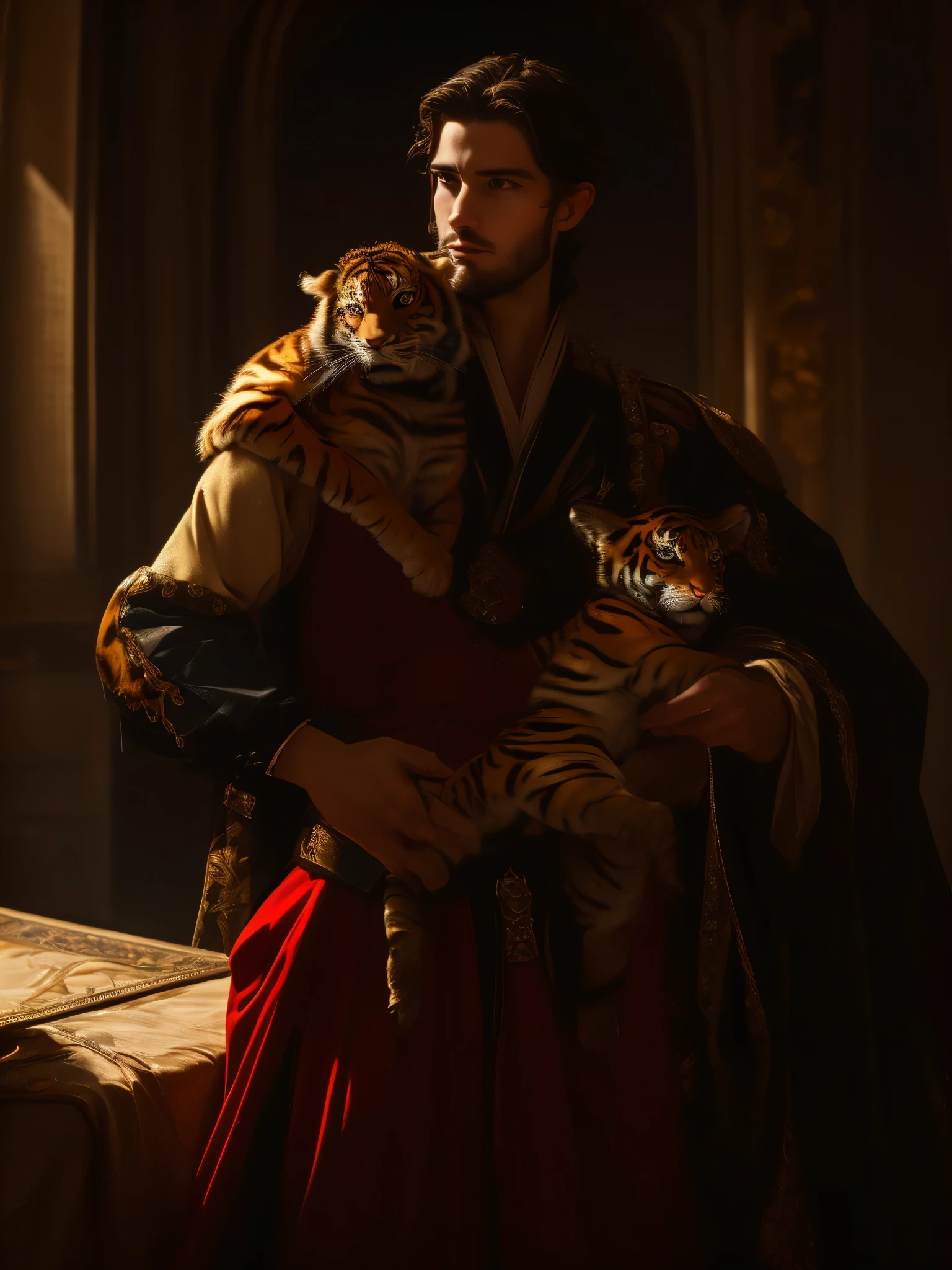 Portrait of a Catholic Spanish prince from the Baroque period, dressed in character. He wears his hair well trimmed and shaved, and you can already see small signs of baldness. He looks directly into the camera while holding a tiger cub. The lighting makes the photograph look like an impressive Baroque painting, Caravaggio style. Professional photography. Perfect face. Very high quality.