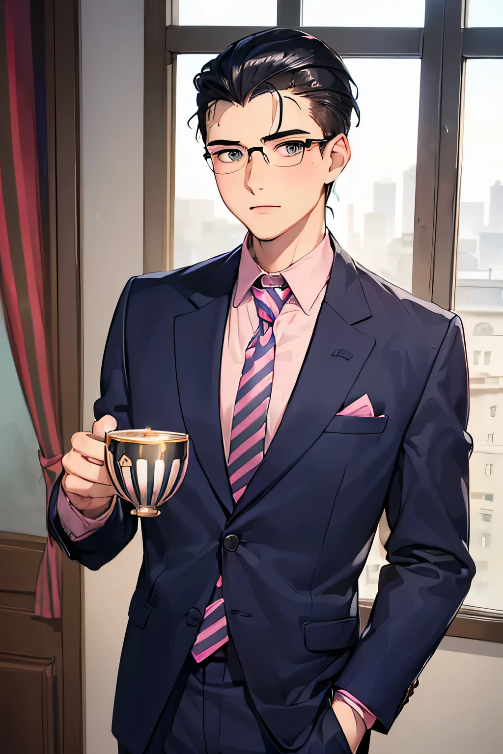 ((highest quality)), ((masterpiece)), ((detailed)), (((Perfect Face))), (((18-year-old with glasses and wearing a navy blue suit and pink striped tie1Boy))), (((Left-handed black hair slicked back))), (((Nervous))), (((big, Big eyes))), (((YouTube))), (((Adult Tea)))