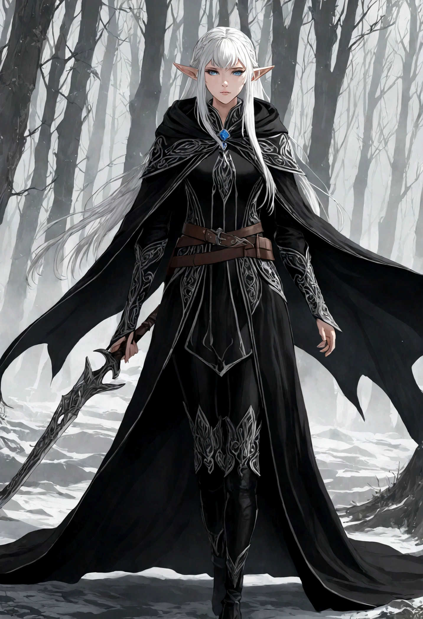 white-haired girl, Elf, assassin, Black clothes, cloak, Blue eyes, long hair with bangs, medium length ears, elven hunting vulgar clothing, concept design, fantasy