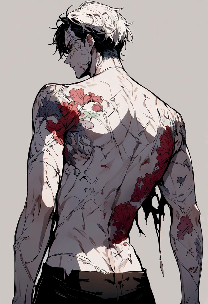 male , injured all over his body, with an arrow stuck in his back, torn clothes