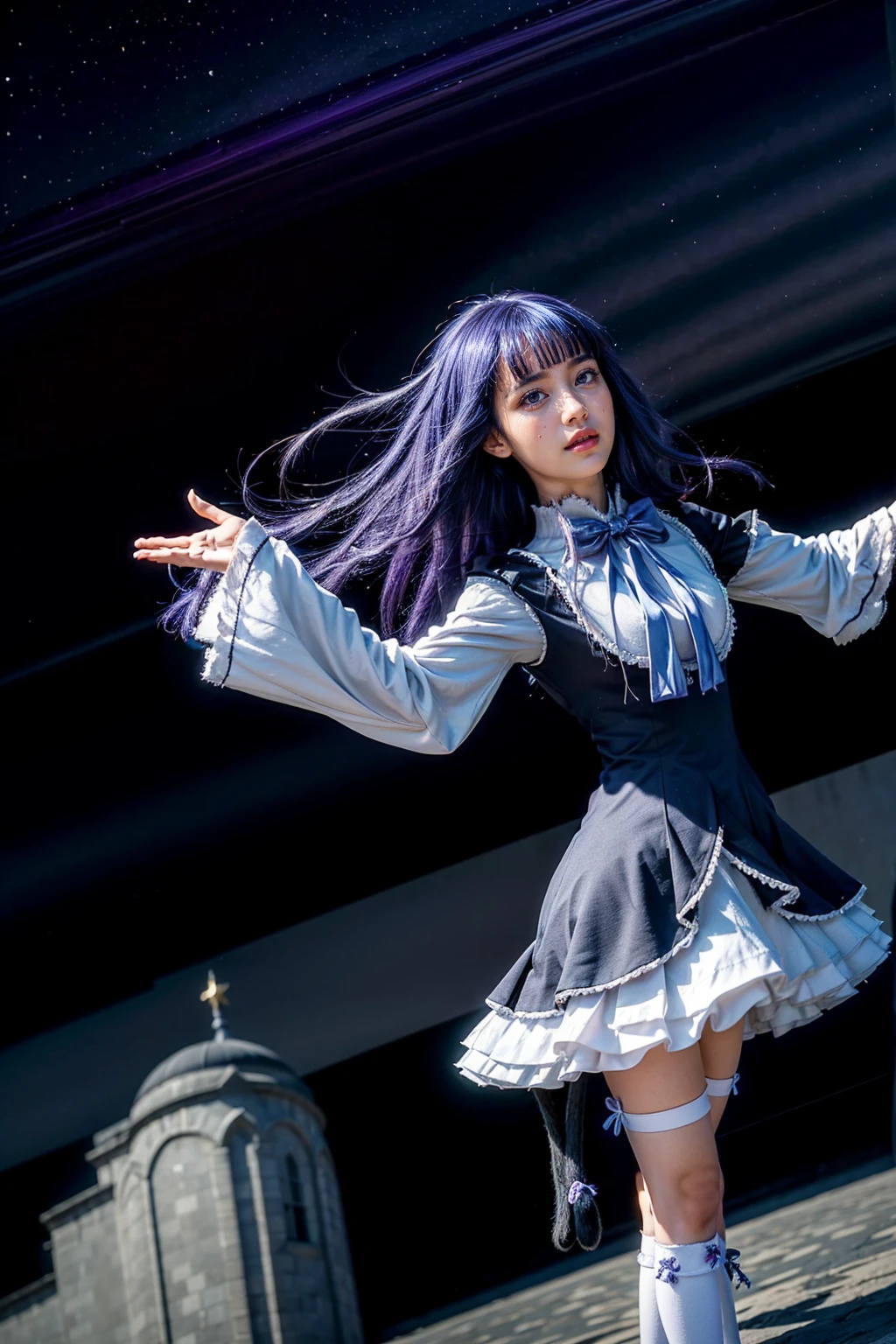 masterpiece,best quality,1girl,frederica bernkastel,purple hair,cat tail,tail bow,purple eyes,tail ornament,dress,bowtie,socks,expressionless,outstretched arms,outer space,surrounded by  floating crystal,cowboy shot,