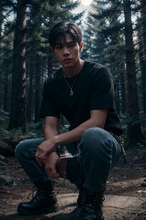 Ji-tae, Yoo Teo., Teen Wolf, 20 years old, short messy white hair, slim muscular build, black eyes, open black shirt, dark blue jeans, black belt, light brown combat boots, silver moon pendant, black misty forest background