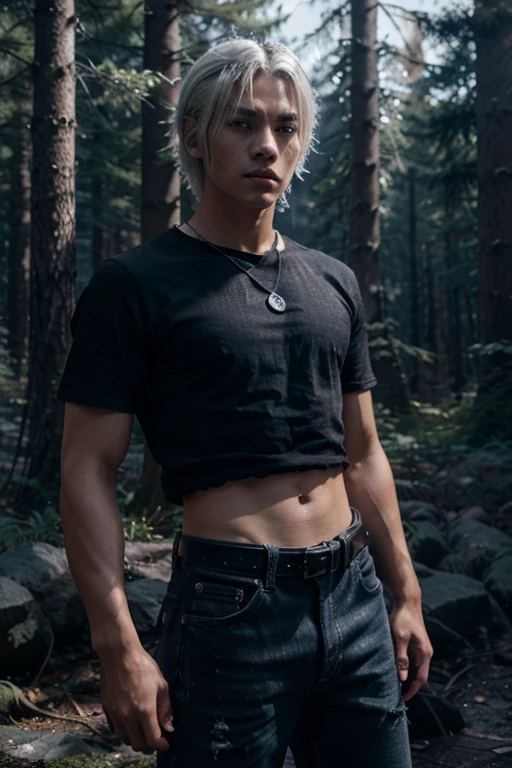 Ji-tae, Yoo Teo., Wolf, 20 years old, short messy white hair, slim muscular build, black eyes, open black shirt, dark blue jeans, black belt, light brown combat boots, silver moon pendant, black misty forest background