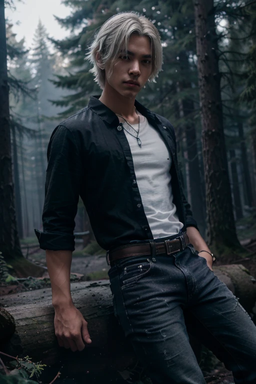 Ji-tae, Yoo Teo., Teen Wolf, 20 years old, short messy white hair, slim muscular build, black eyes, open black shirt, dark blue jeans, black belt, light brown combat boots, silver moon pendant, black misty forest background