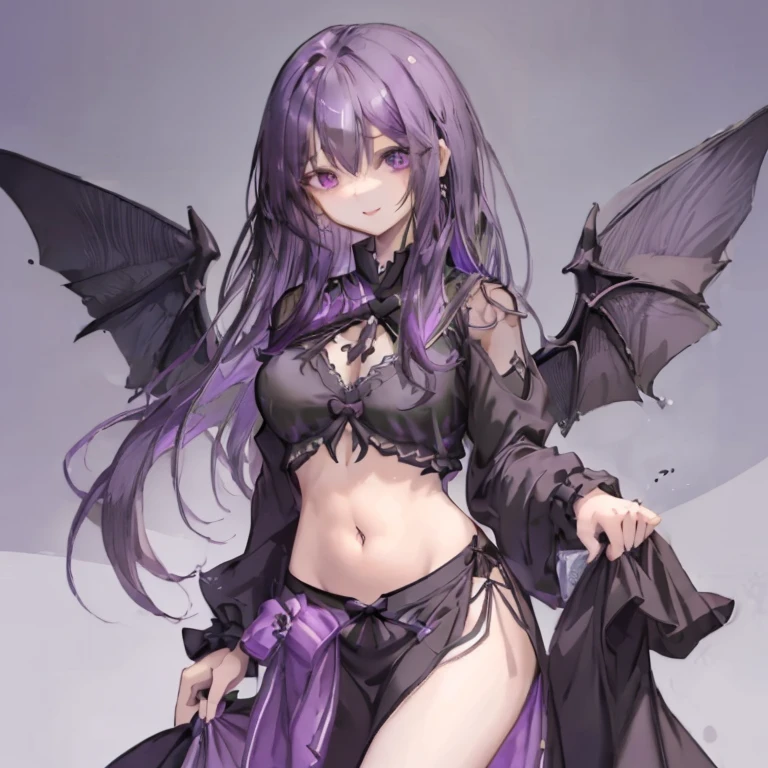 1 girl、Mature、Ample breasts, purple hair、Long Hair、Sharp Eyes、Black Dress、No sleeve、Belly button、Big black wings、Look to the side、A seductive smile、High resolution、highest quality、black lily、