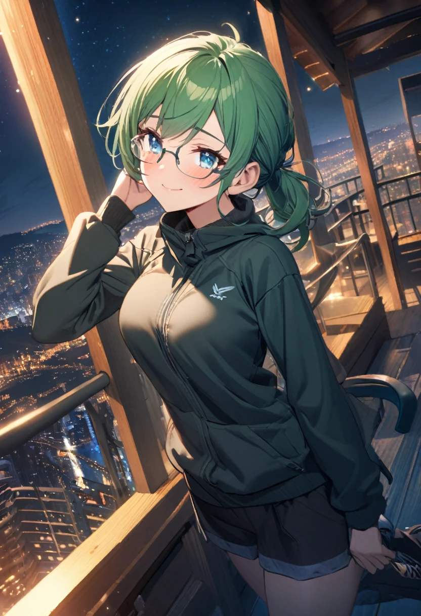 game cg,1girl,green hair,short ponytail,rimless eyewear,blue eyes,large breasts,((happy tears)),smile,((tears)),wiping tears,night,outdoor observation deck,