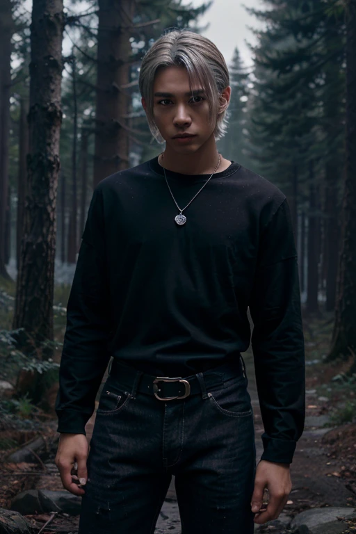 Ji-tae, Yoo Teo., Wolf, 20 years old, short messy white hair, slim muscular build, black eyes, open black shirt, dark blue jeans, black belt, light brown combat boots, silver moon pendant, black misty forest background
