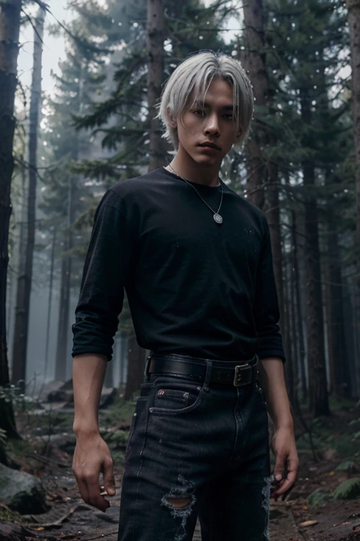 Ji-tae, Yoo Teo., Teen Wolf, 20 years old, short messy white hair, slim muscular build, black eyes, open black shirt, dark blue jeans, black belt, light brown combat boots, silver moon pendant, black misty forest background