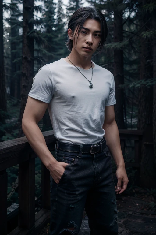 Ji-tae, Yoo Teo., Wolf, 20 years old, short messy white hair, slim muscular build, black eyes, open black shirt, dark blue jeans, black belt, light brown combat boots, silver moon pendant, black misty forest background