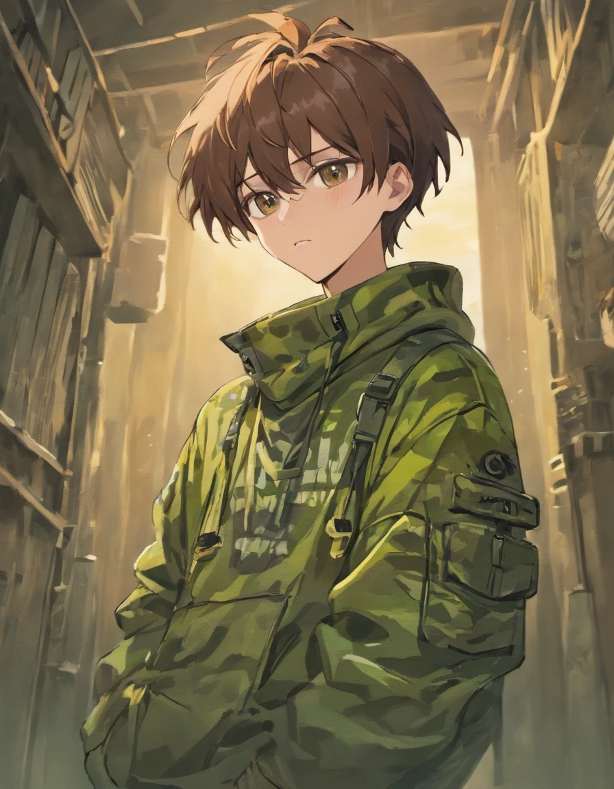 A brown hair 19 year old boy wearing camoflouged cargo shirt and pants, wearing a neck warmer with a white skull jaw printed onto it.