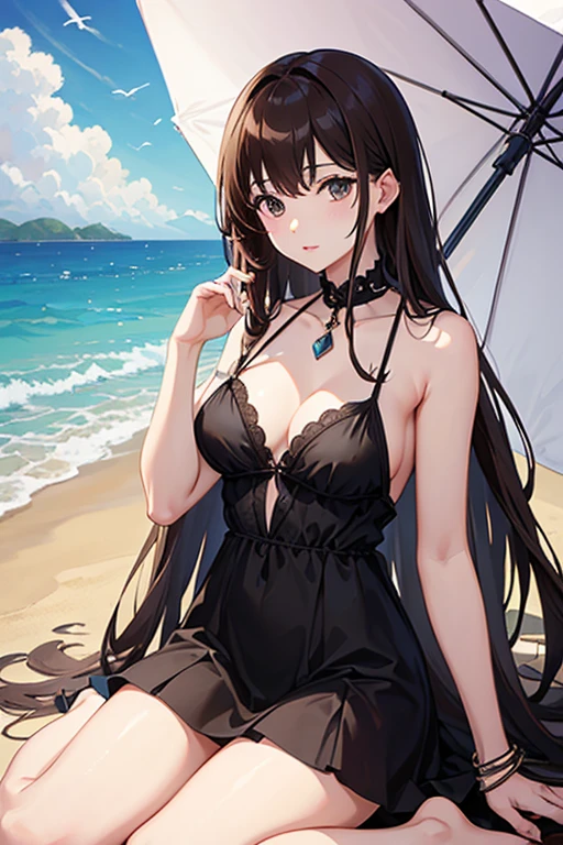 masterpiece, highest quality, High resolution,Follow the prompts、Anime Style、Brown Hair、Long Hair、black eye、Under the beach umbrella