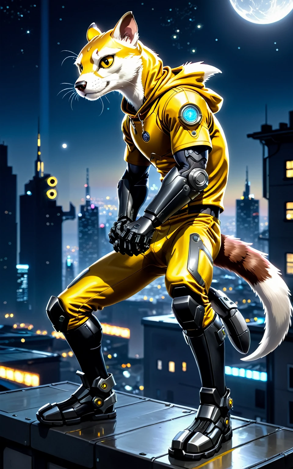 breathtaking, a cyborg anthropomorphic weasel male furry is sitting solo on rooftop, and animal head, mechanical arms and hands, mechanical legs and boots, He wears a short sleeves golden hoodie with both proud and serious on his face, His eyes are black and shine and looking afar, city below, backlighting, night, moonlight, starry sky, shooting star, constellation, realistic, illustration, cyberpunk, science fiction, medium shot, dutch angle, award-winning, professional, highly detailed, more detail, enhanced.